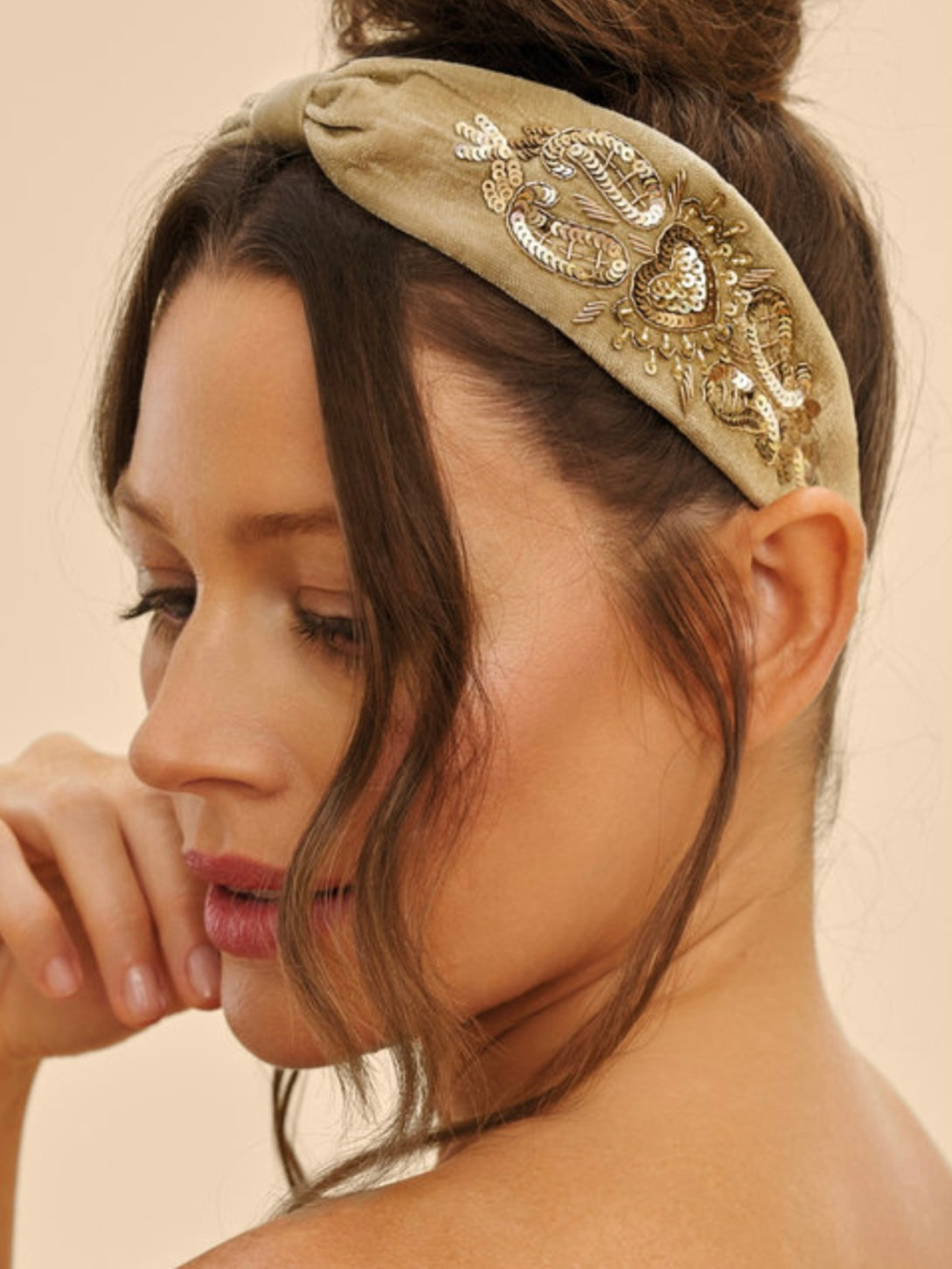 Velvet Embellished Headband - Sage Heart