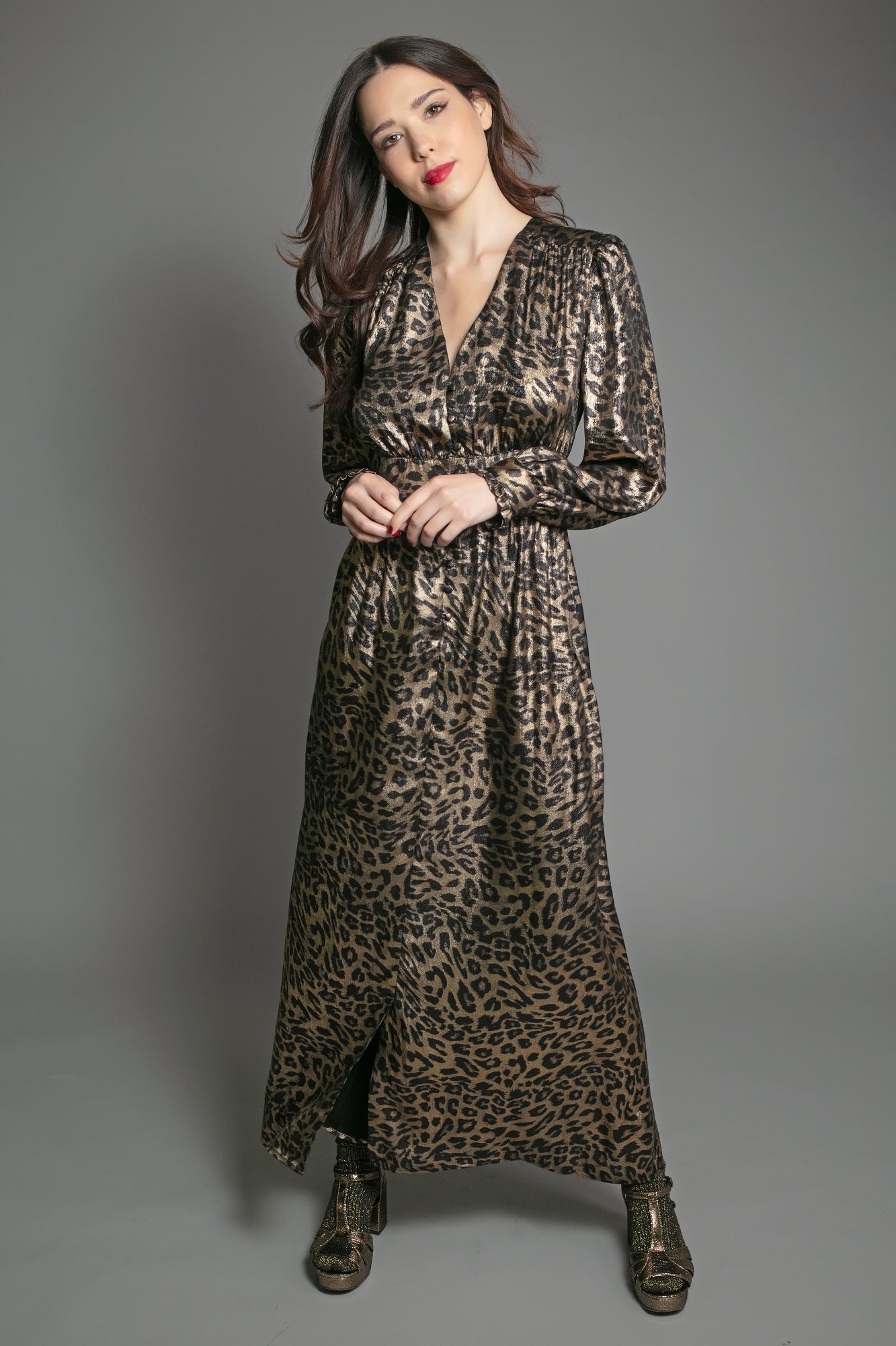 DEVINA LAME DRESS IN LEOPARD PRINT