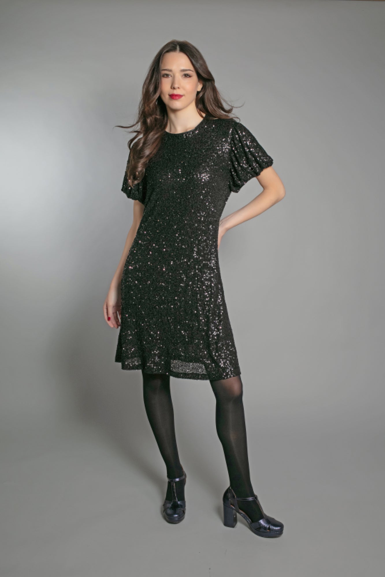 DUSTY SEQUIN T SHIRT DRESS IN BLACK