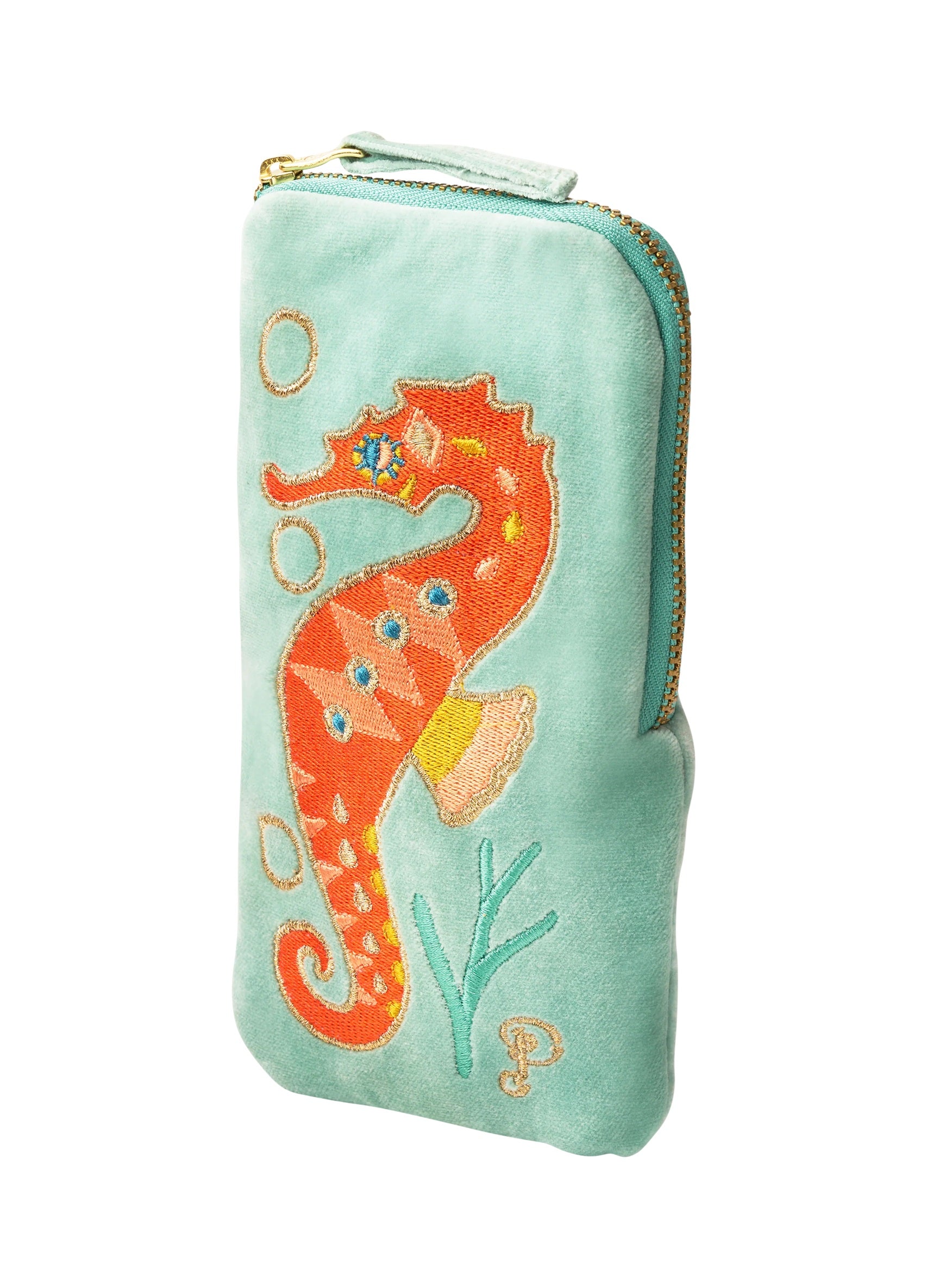 Sparkling Seahorse Velvet Sunglasses Pouch - Aqua